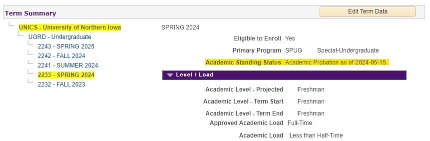 student was placed on Academic Probation in the Spring 2024 semester (2233)