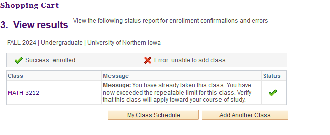 Message for Repeat Class in Registration System