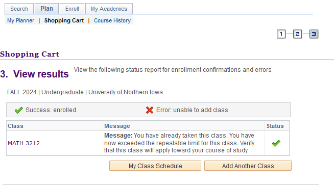 Repeat Course Registration Message