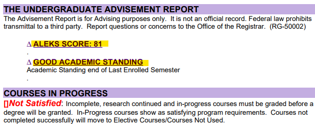 Aleks Score & Good Standing