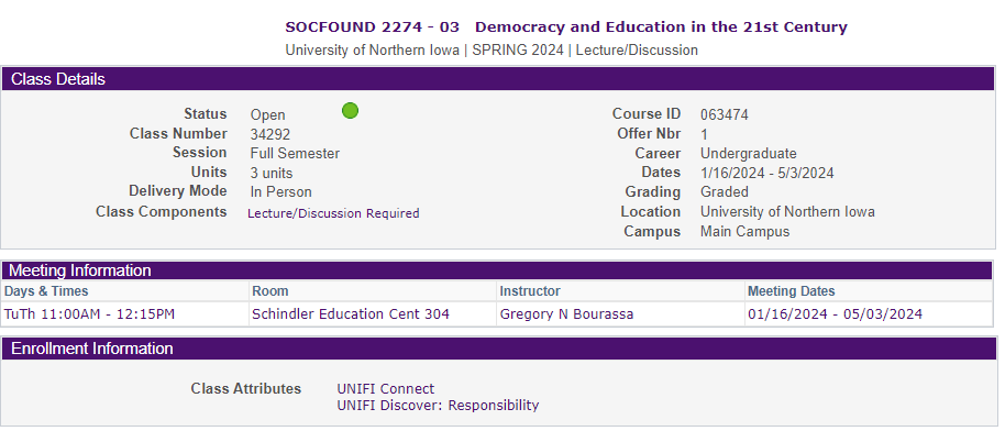 SOCFOUND 2274 Democracy and Education in the 21st Century  Spring 2024