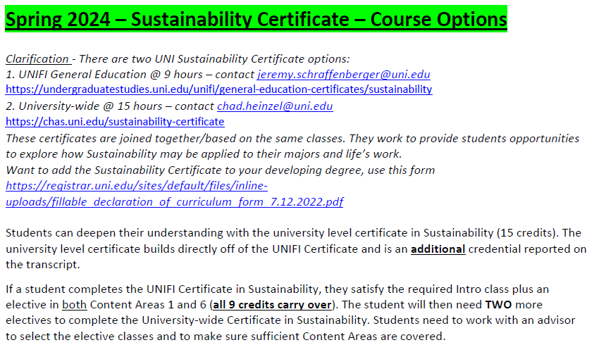 Sustainability Courses Spring 2024